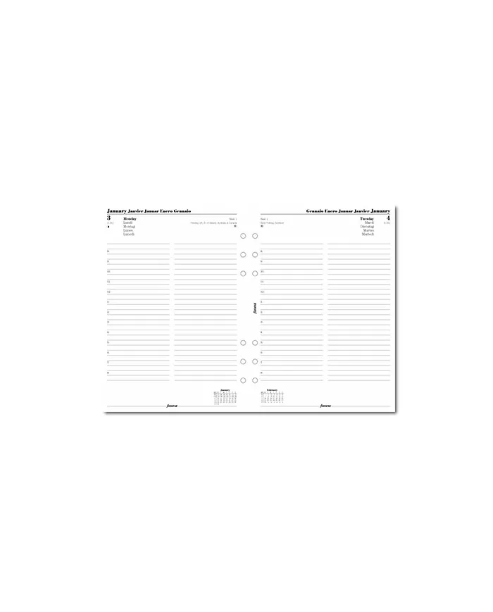 Filofax - Recharge A5 1 jour par page + heures colonnes multi-langues 2026