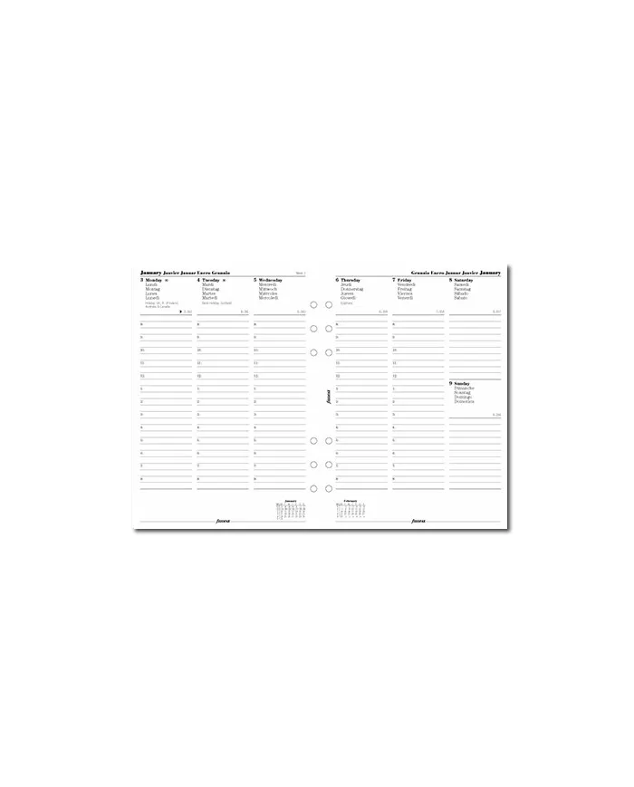 Filofax - Recharge A5 semaine sur 2 pages + heures colonnes multi-langues 2026