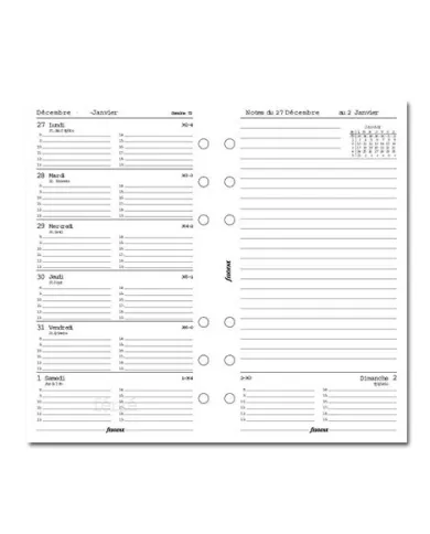Filofax - Recharge PERSONAL semaine sur 1 page + notes + heures en français 2026
