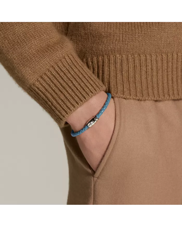 Bracelet acier 3 anneaux Collection Meisterstück en cuir bleu cendré