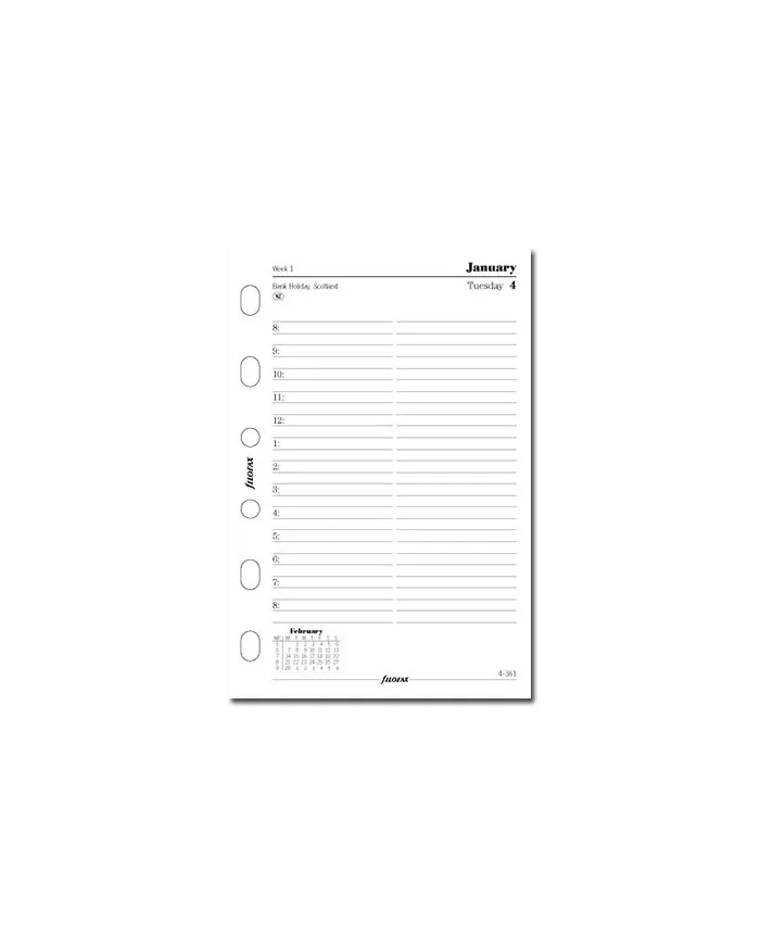 Filofax - Recharge POCKET 1 jour par page + heures en anglais  2026
