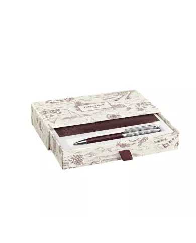 Set Stylo Bille Léman™ Toile de Jouy & Étui en Cuir Bordeaux