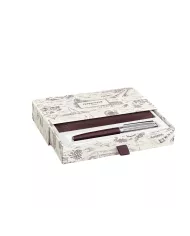 Set Stylo Plume Léman™ Toile de Jouy & Étui en Cuir Bordeaux